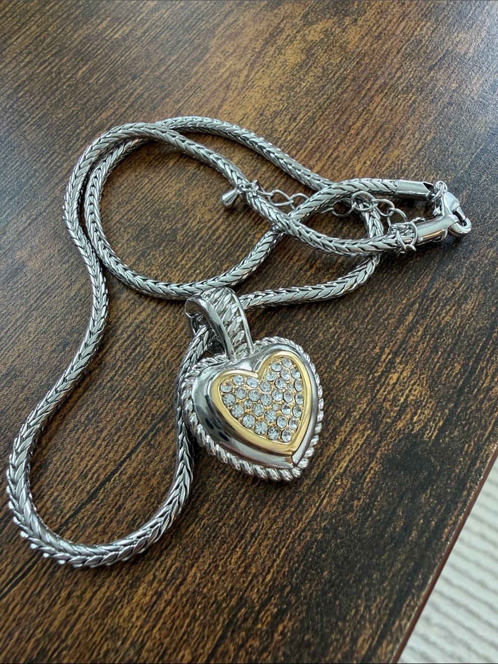Vintage Silver and Gold Heart Pendant Necklace with Crystals
